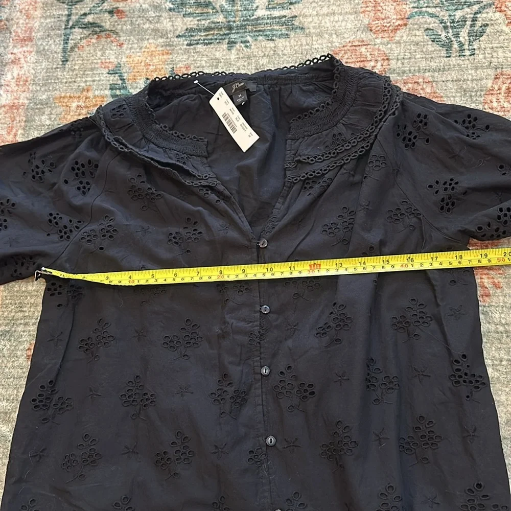 J Crew Black Eyelet Button Front Peasant Top NWT Size Medium